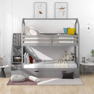 Twin over Twin House Bunk Bed with Slide and Storage Staircase - Gray