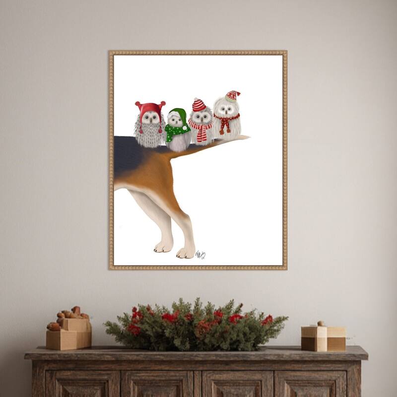 Christmas Bummer Owls by Fab Funky (23 x 28 in.), Framed Canvas Wall Art Print - Sylvie Beaded Rustic Natural