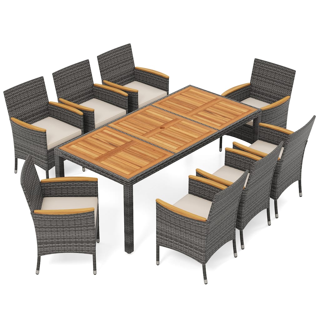 Costway 9 PCS Outdoor Wicker Dining Set with Acacia Wood Table and 8 - See Details