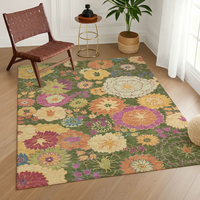 Machine Washable Indoor/ Outdoor Modern Floral Chantille Rug