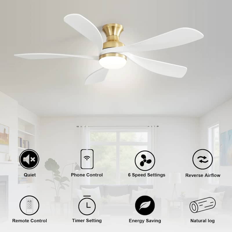 52 Inch Flush Mount Smart Ceiling Fan with Light, APP and Remote Control, Low Profile - 52 inch