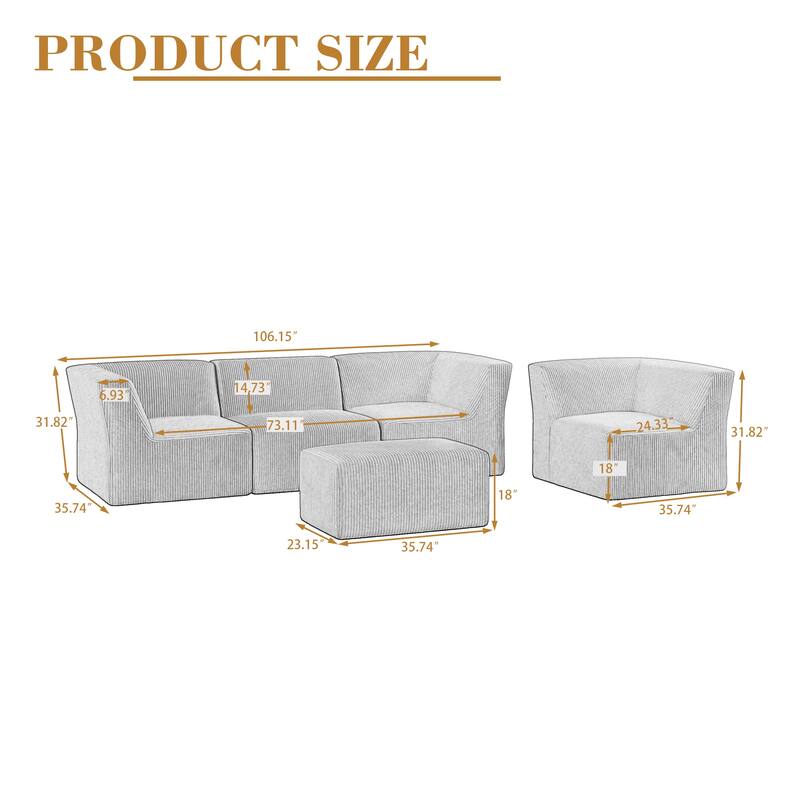 5-Piece Fully Sponge Molded Modular Sectional Sofa with Ottoman