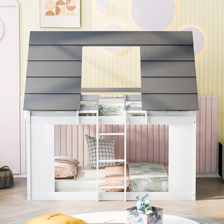 Twin Over Twin House Low Bunk Bed with Roof and Built-in Ladder - Bed ...