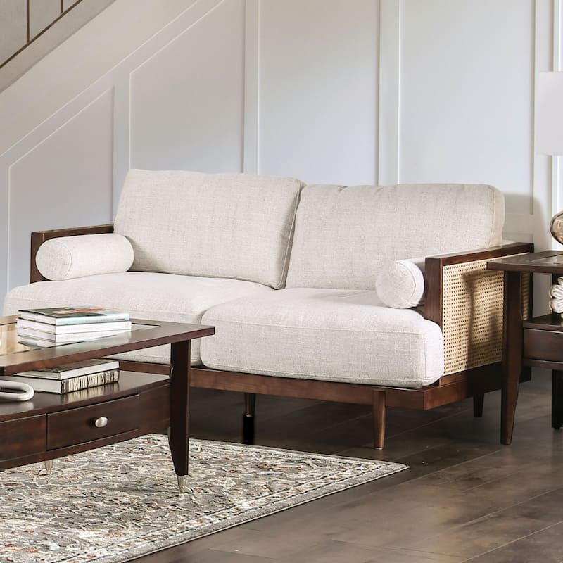 Jacques Mid Century Modern Rattan Loveseat with Pillow Back by Furniture of America - Walnut