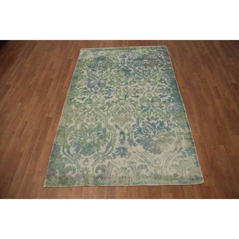 Hand Knotted Oriental Viscose Silk Carpet Modern Abstract Green Abstract Area Rug - 6' 4'' X 4' 1''
