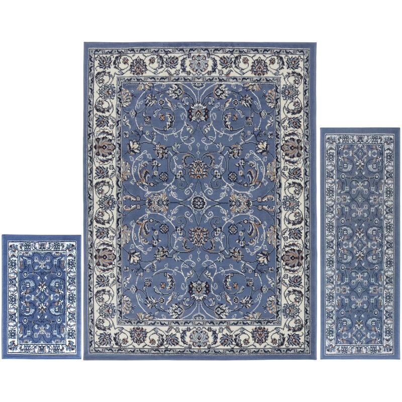 Home Dynamix Ariana Collection Traditional 3-Piece Area Rug (4'11"x6'11", 1'8"x4'11", 1'8"x2'8") - Blue/Ivory - 5' x 7' - Rectangle
