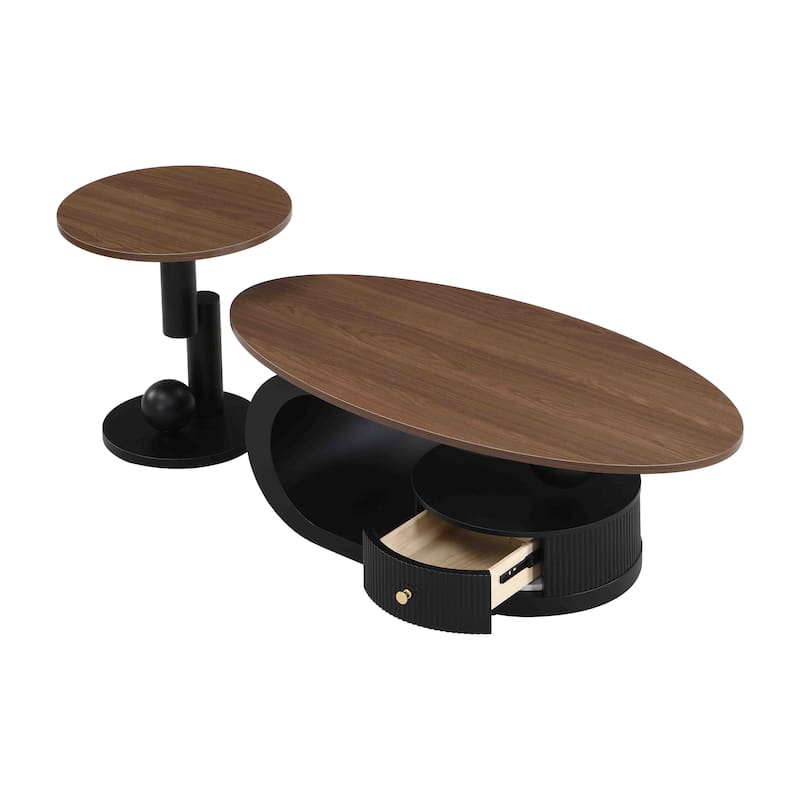 Nesting Coffee Table Set of 2, Wood Top Storage Center Table with Drawers, Oval Cocktail Table and Round Side Table Set