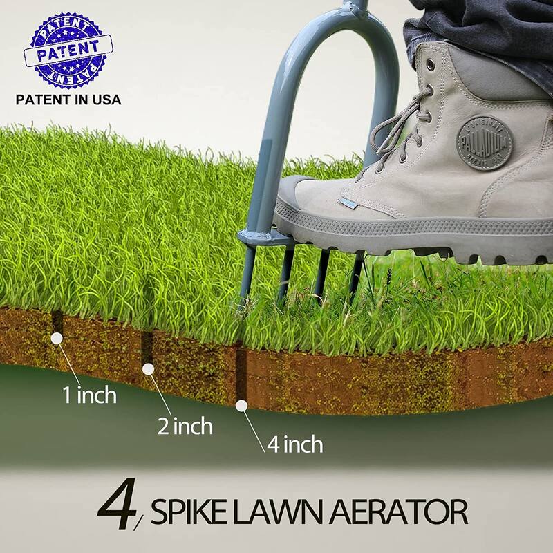 WaLensee Lawn Spike Aerator, T-Handle, Manual Dethatching and Soil Aerating Tool with Four Iron Spikes, 35.5 Inches, Grey