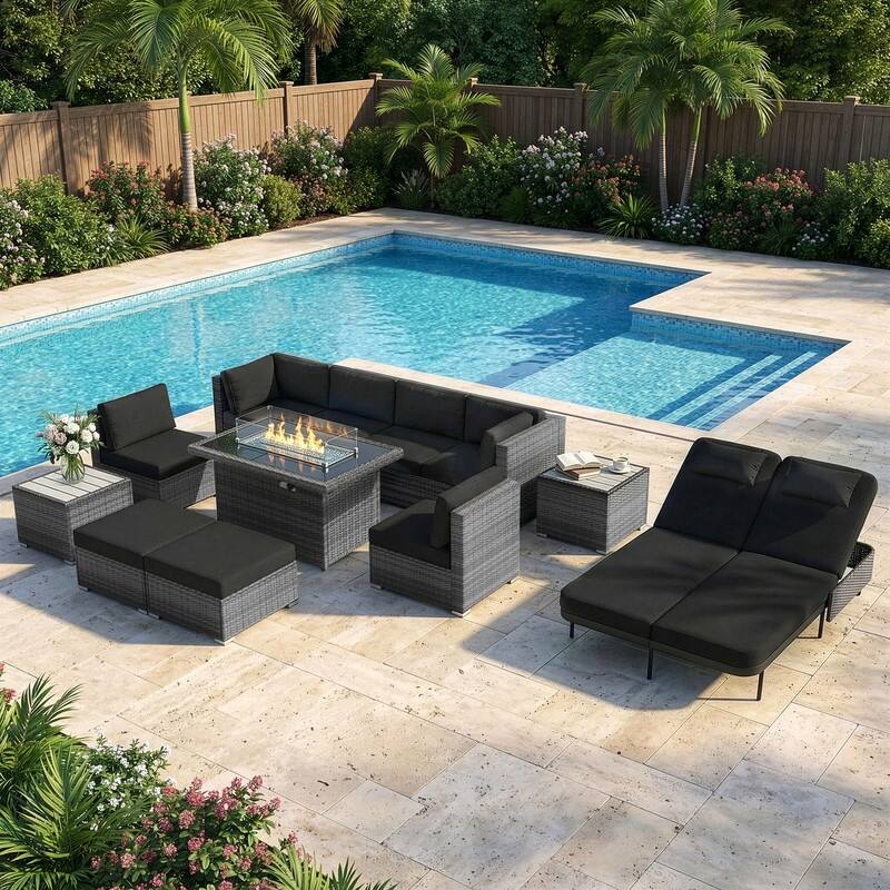Outdoor Sectional Conversation Set PE Wicker with Double Chaise Lounge, 60,000 BTU Fire Pit Table - 12-Piece/Ottoman & Table - Black