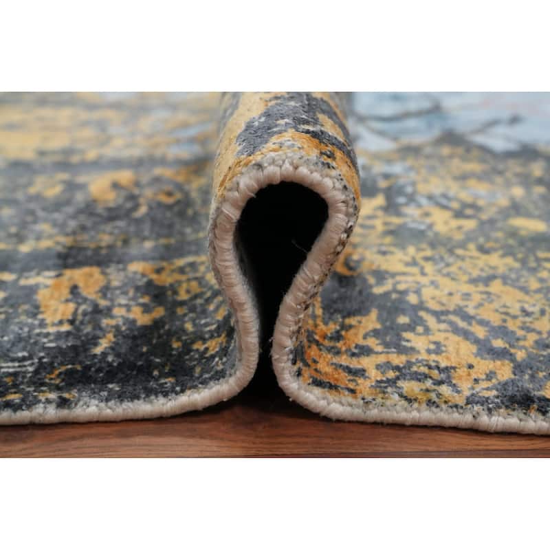 Hand Knotted Oriental Viscose Silk Carpet Modern Pictorial Navy Blue & Blues Abstract Area Rug - 7' 7'' X 5' 8''