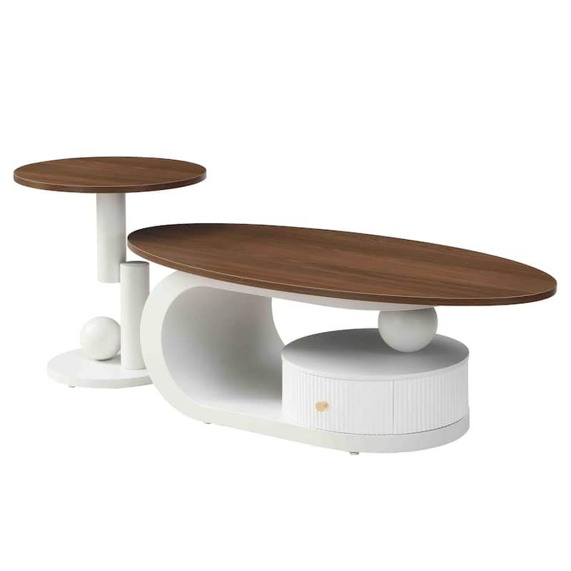 Luxury Nesting Coffee Table Set of 2, Tables with Storage for Living Room, Oval and Round Table Set