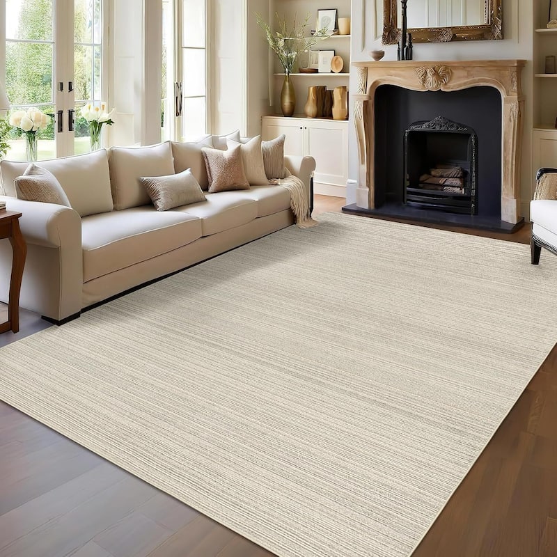 Modern Stripe Machine Washable Area Rug for Bedroom, Living Room, Beige - 1'6" x 2'6" - Beige 5' x 7'