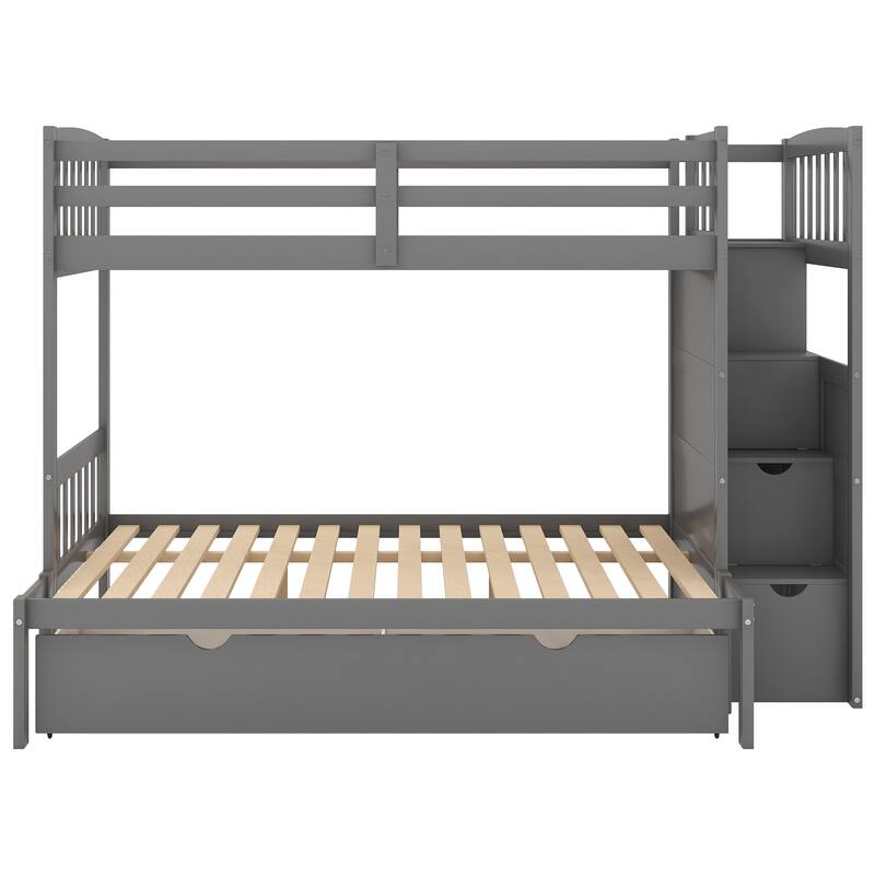 Convertible Twin over Full Bunk Bed with Storage Drawers and Shelves, Space-Saving Staircase Design, Gray