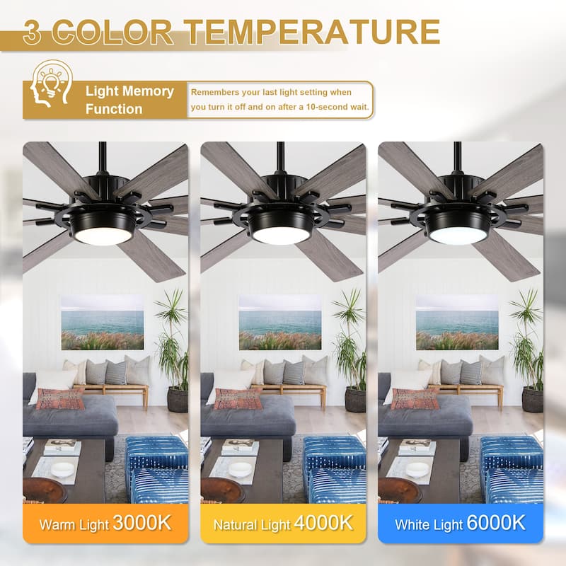 Cusp Barn 72" Outdoor Indoor Modern Black Large Ceiling Fan with Lights, Farmhouse 6 Speeds DC Motor Reversible Ceiling Fan