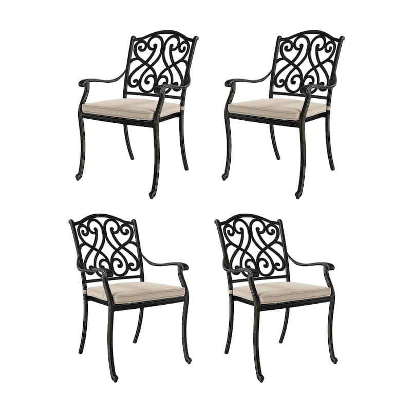 Patio Cast Aluminum Carved Dining Chairs with Cushions(Set of 4) - Beige