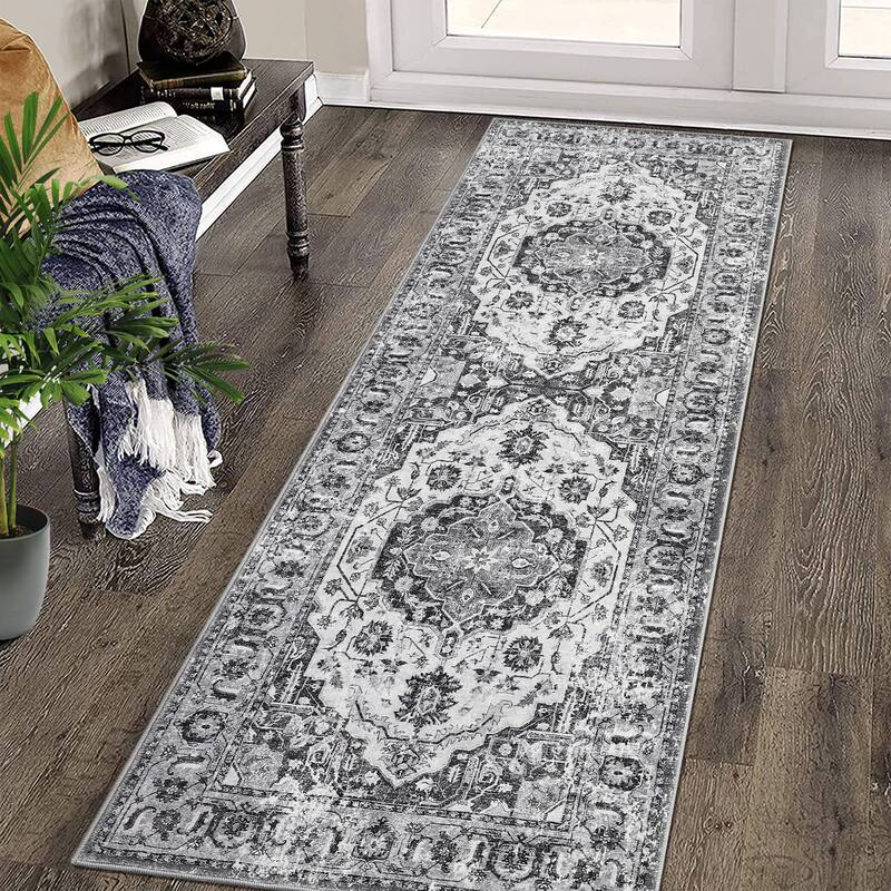 Vintage Medallion Area Rug Washable Rug Indoor Non-Slip Low Pile Throw Rug for Living Room Bedroom - 2'x6' - Gray