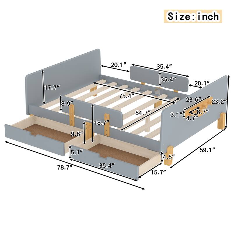Low Profile Solid Wood Platform Bed Frame with Storage Drawers, Guardrails and Headboard, Footboard with Small Shelf and Hooks