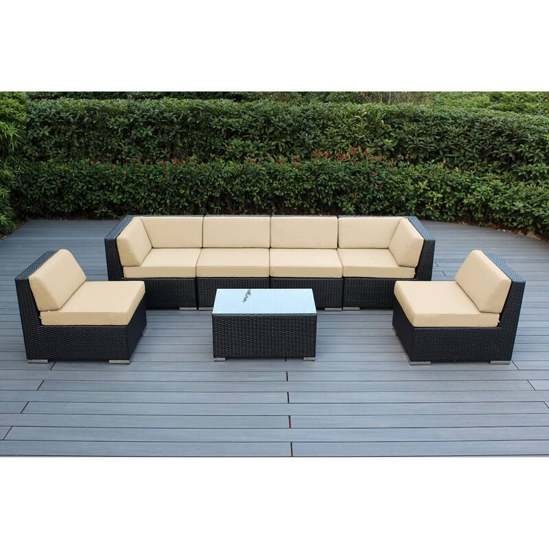 Ohana Outdoor 7-pc. Cushioned Black Wicker Conversation Set - No Assembly - Sunbrella Antique Beige