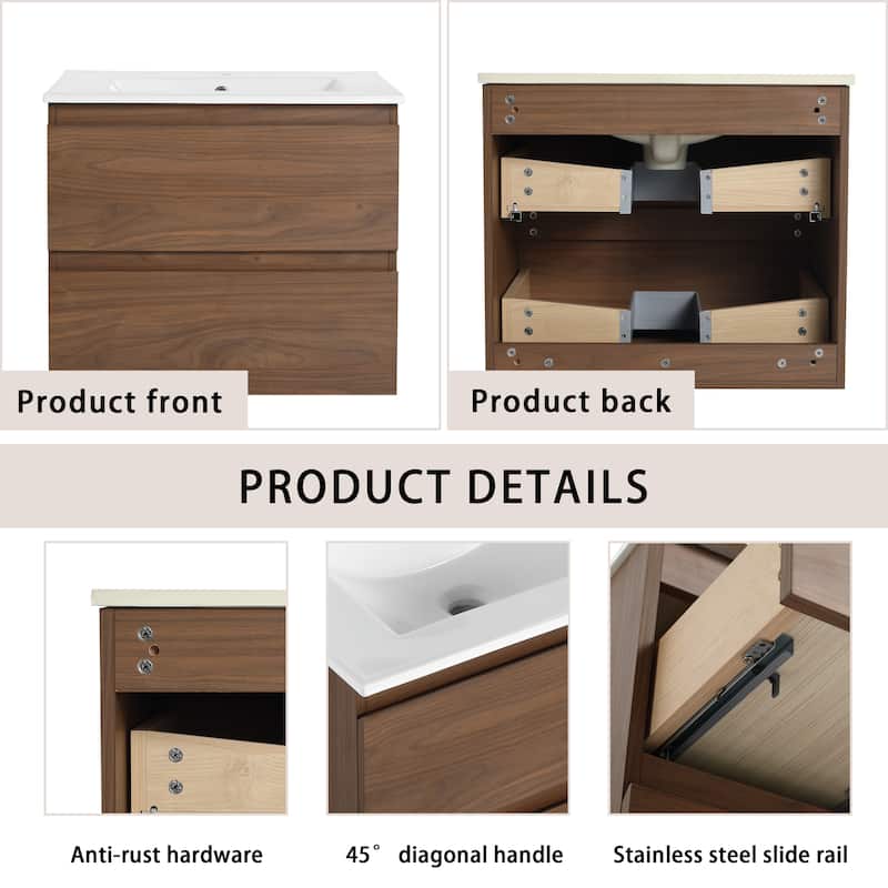 Bathroom Vanity With Sink In 24/30/36 Inch, Floating Bathroom Vanity With Soft Close Drawer