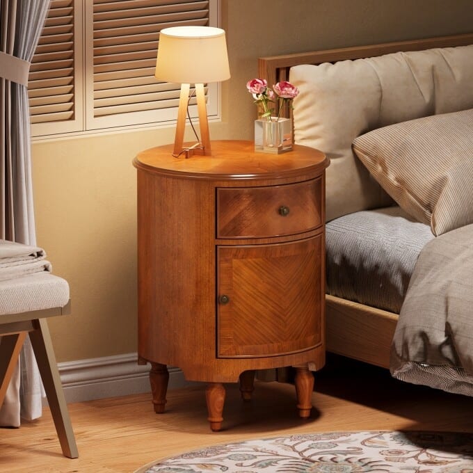 Assembled Solid Wood Nightstand, Round Beside Table with Drawer - 1PC