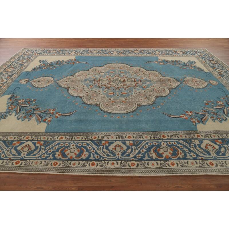Blue Tabriz Vintage Persian Area Rug Handmade Traditional Wool Carpet - 9'7" x 12'8"