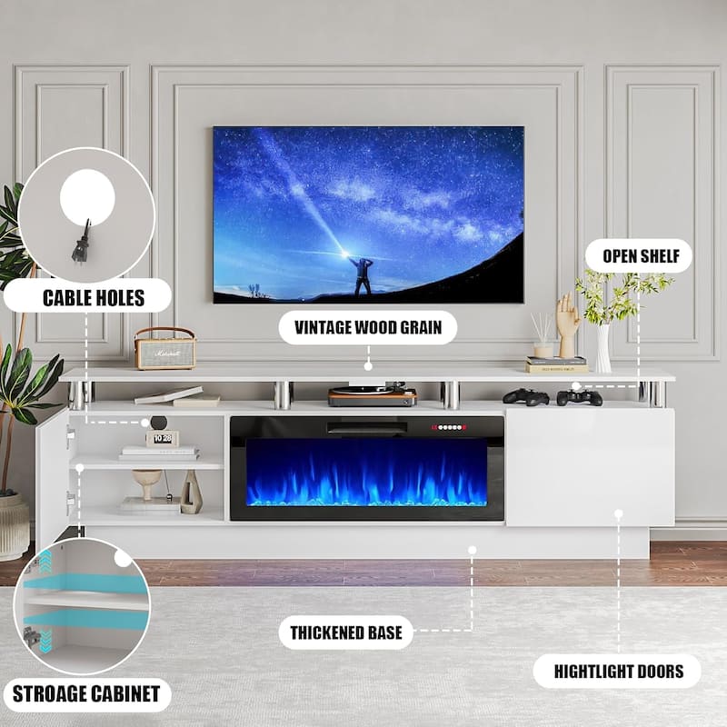 BOSSIN 80" TV Stand Entertainment Center with 36" Electric Fireplace, for TVs up to 90", High Gloss Cabinet with LED Light