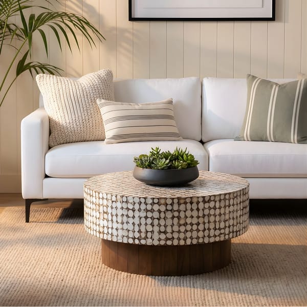 slide 2 of 8, Mila Coconut Shell Round Pedestal Coffee Table by East at Main Medium