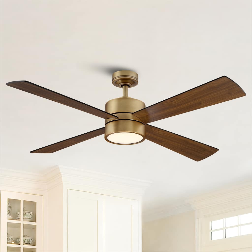 Parrot Uncle 52" Antique Brass Wood 4-Blade Indoor Ceiling Fan with Light and Remote