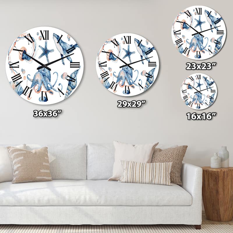 Designart 'Blue Ocean Fish Medusa Whale Seahorse Octopus' Nautical & Coastal wall clock