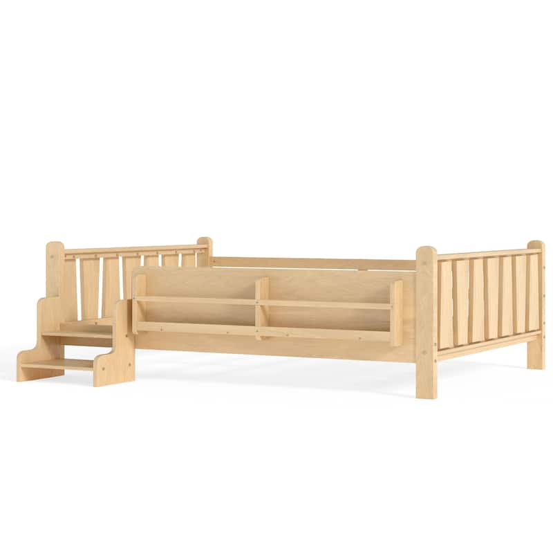 Full/Twin Floor Bed with Storage Bookcases & Cute Stairs - Solid Wood Kids Bed, No Box Spring