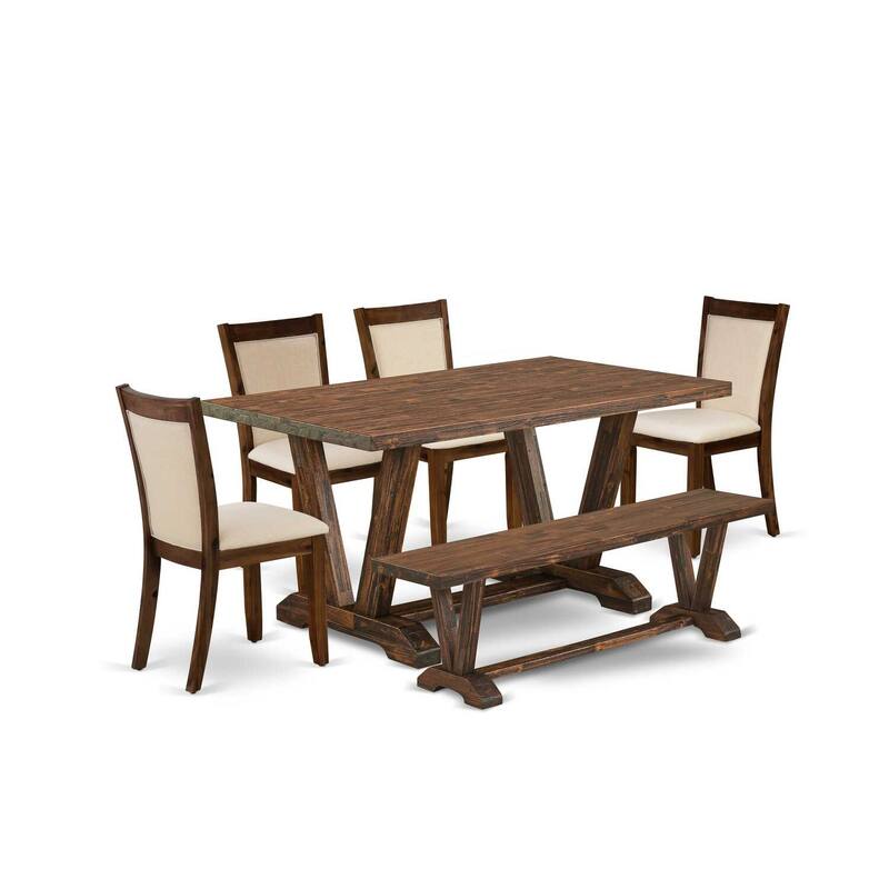 HomeStock 6-Piece Rectangle Distressed Jacobean Finish Solid Wood Top Dining Table with 1-Bench, 4-Chairs