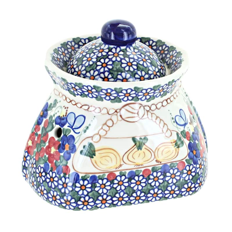 Blue Rose Polish Pottery 98 Vena Small Garlic Keeper - Garden Butterfly