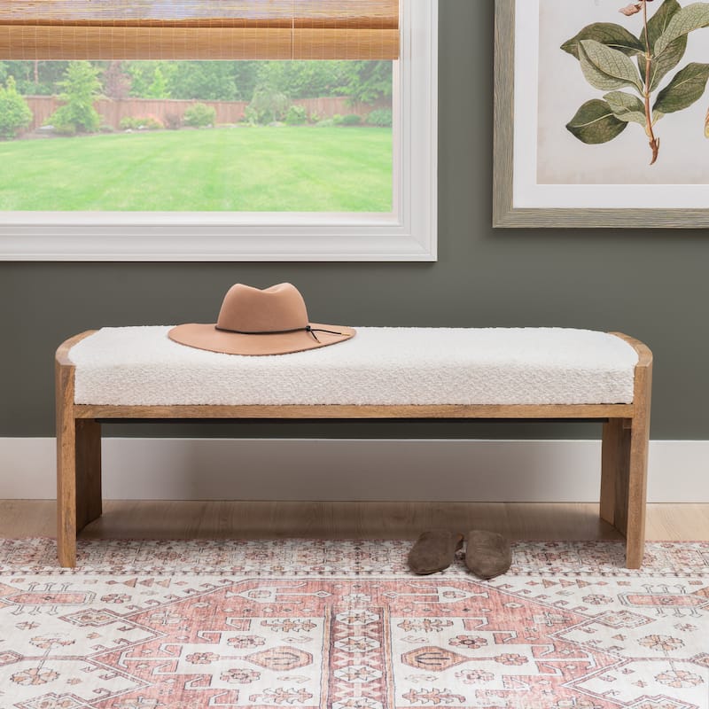 Wylam Cream Sherpa Knit Upholstered Curved Mango Wood Bench