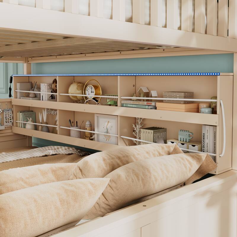 Kids Bunk Bed Frame with Integrated Shelving, Light Strip and Pegboard, Convertible into Floor Platform Bed and Low Loft Bed