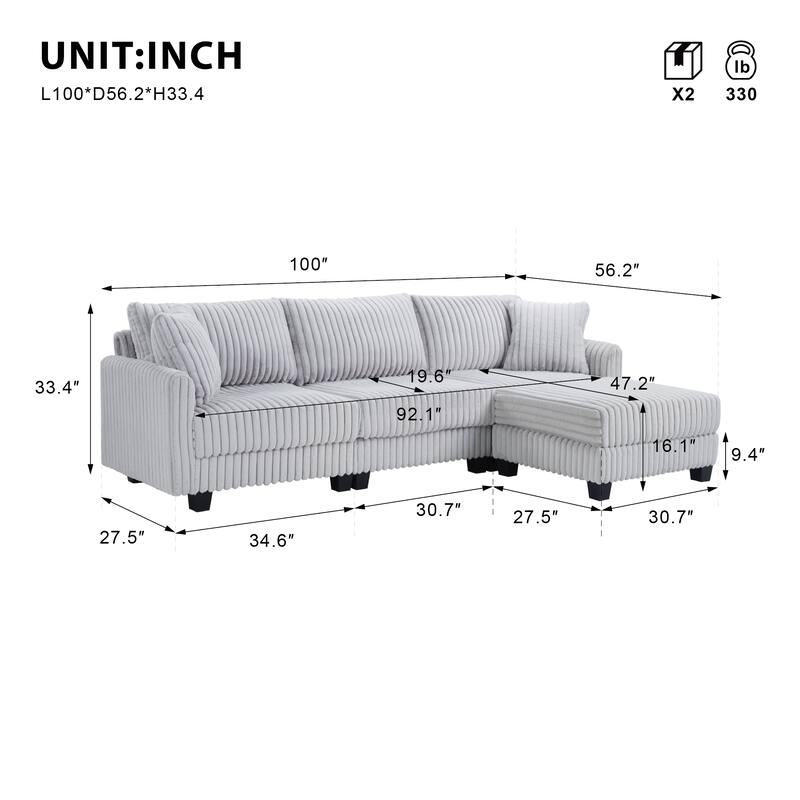 L-Shaped Modular Corduroy Sofa with Free-Moving Footrest, Built-In USB Charging Ports, 3-Seat Couch