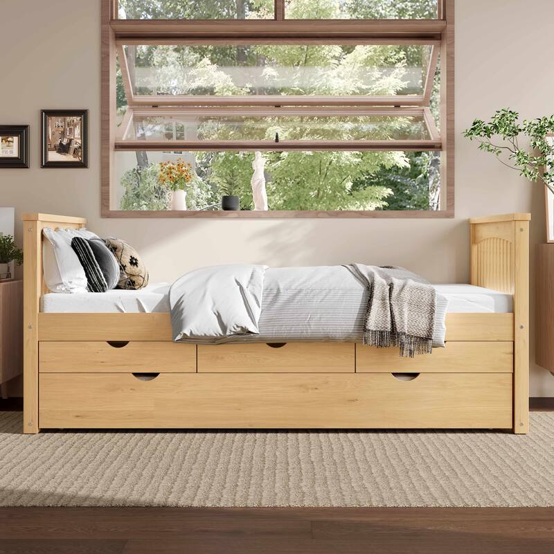 Twin Size Wooden Daybed with Trundle Bed and 3 Drawers, Solid Wood Platform Sofa Bed Frame, No Box Spring Needed - Natural - Twin