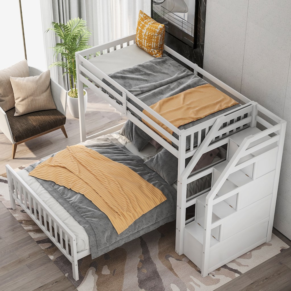Twin Over Full Bunk Bed with Storage Stairs, Wooden Stairway Bunk Bed L-shaped Bunkbeds Frame, Twin Loft Bed w/Full Platform Bed