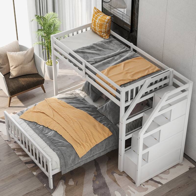 White Twin over Full Loft Bed with Staircase and Storage