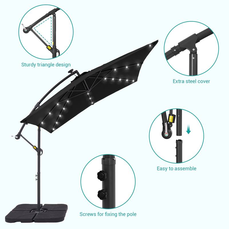 LIVOOSUN 8.2Ft LED Square Offset Hanging Patio Umbrellas w/Base