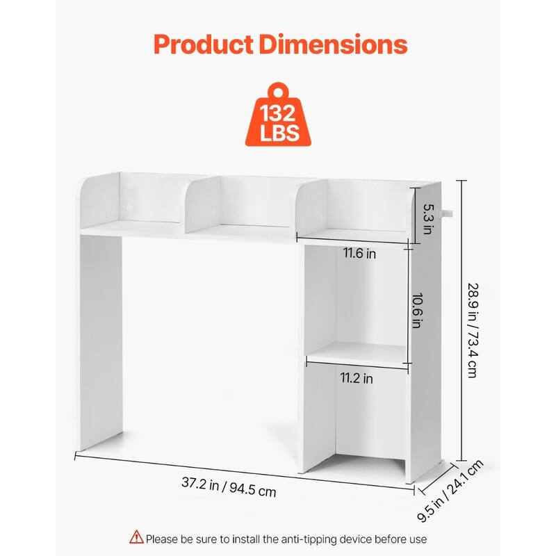 White Particle Board Desktop Bookshelf, 2 Shelves, Anti-Tip Design - 37.2" L x 9.5" W x 28.9" H
