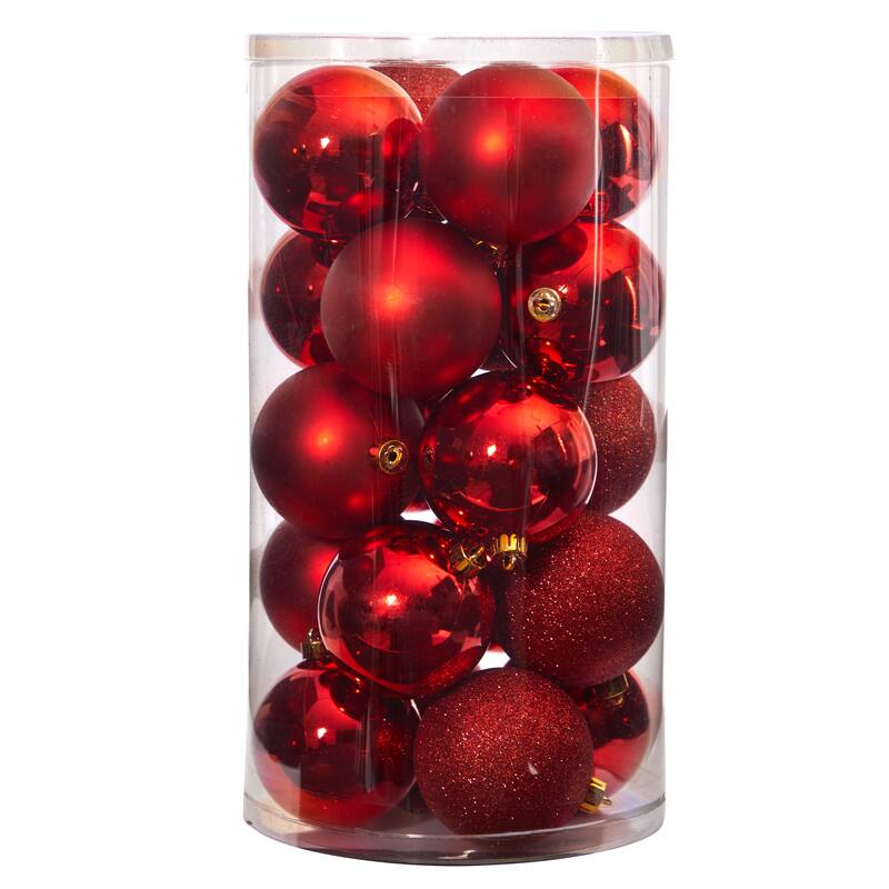 Shatterproof 3-Finish Christmas Ball Ornaments 3" (80mm) - Red - 20ct