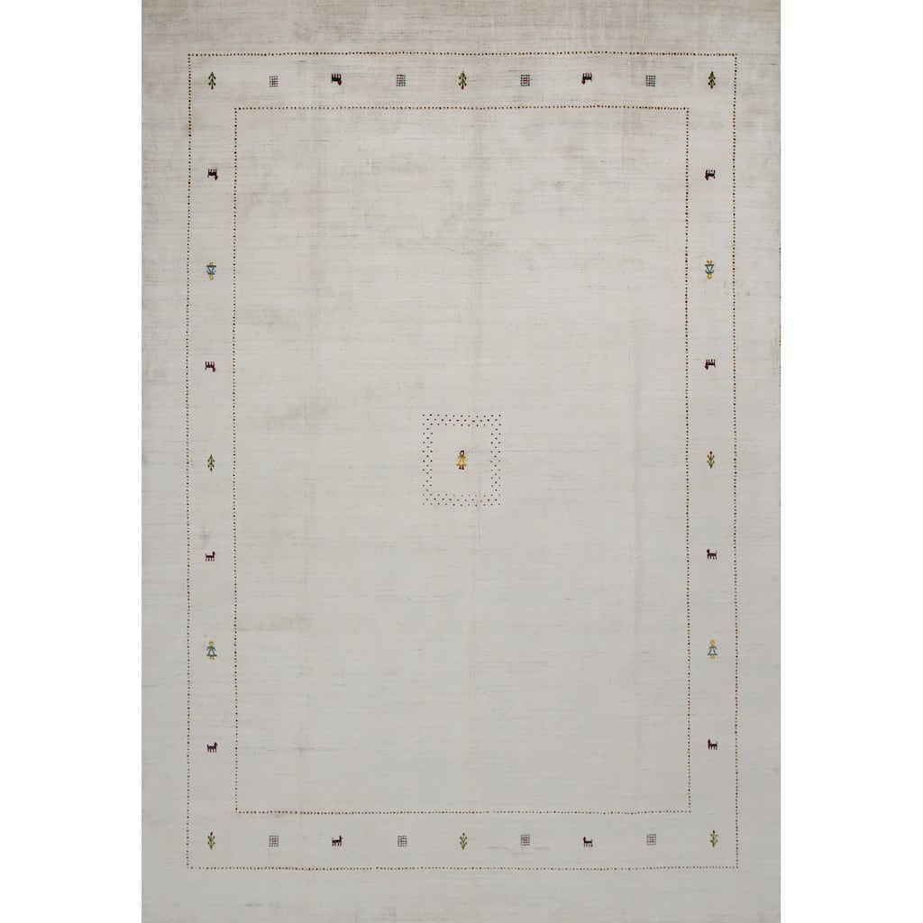 Hand Knotted Oriental 100% Wool Carpet Tribal Animal Pictorial Beige & Ivories Gabbeh Area Rug - 12' 0'' X 9' 2''