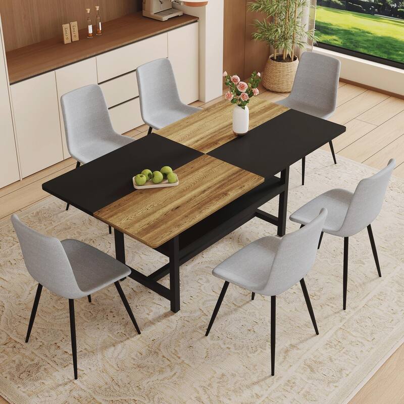 7-Piece Dining Set for 6, 71" Kitchen Wood Two-Tone Spliced Table with Storage Shelf, 6 Linen Chairs for Dining Room