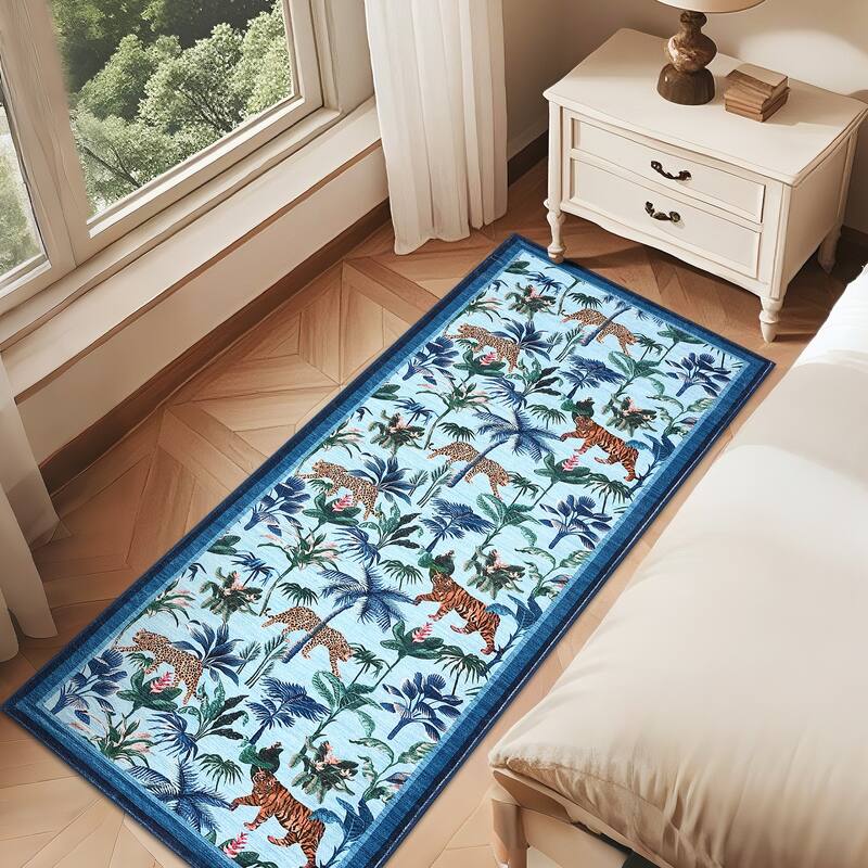 Living Room Rug Jungle Tiger Area Rug Plant Rugs Low Pile Non Shedding Soft Accent Carpet for Bedroom, Dining Room
