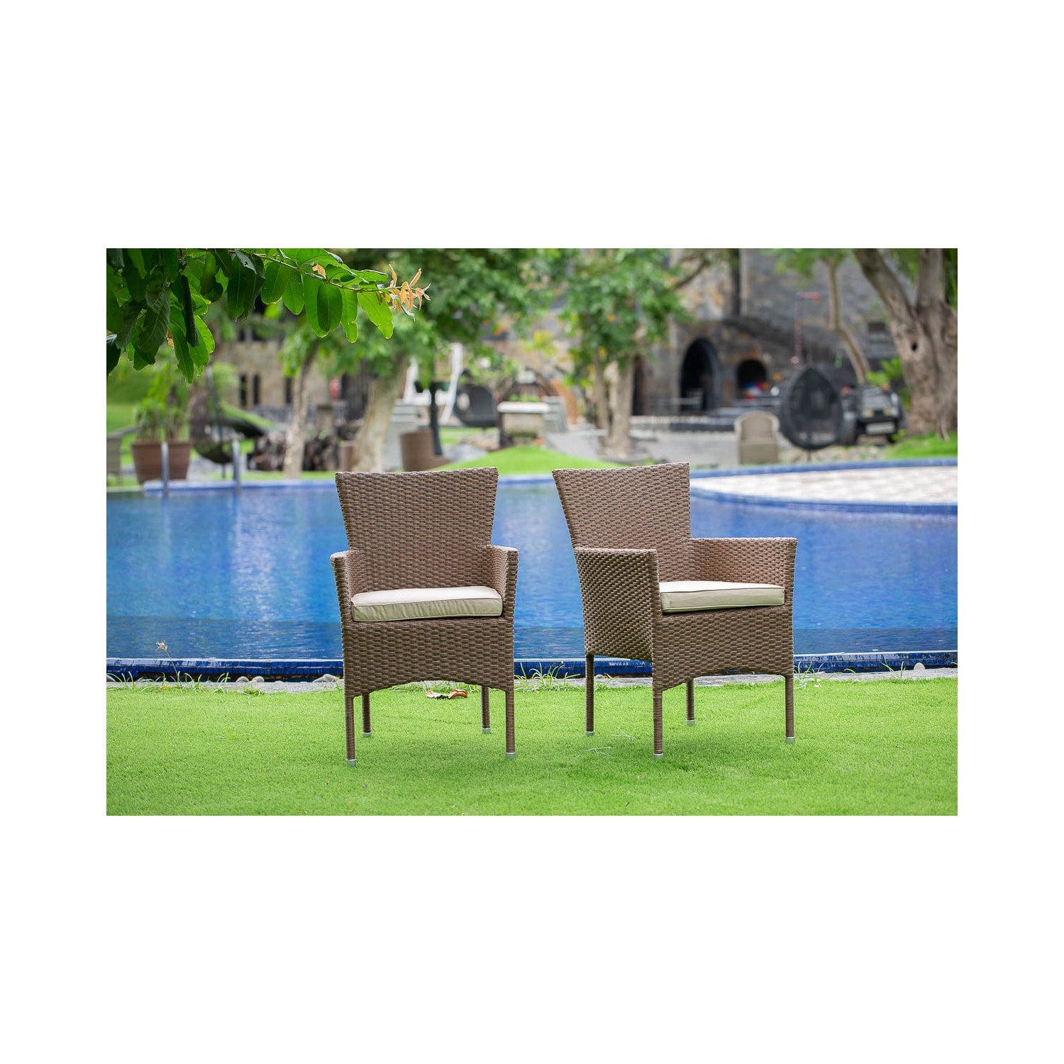 Patio Wicker Chair with Cushion - Outdoor Lounge Chair - Brown Resin Wicker - Comfortable Seating - 34.25