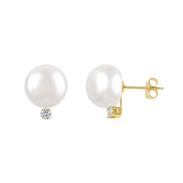 ColorStar 14k Yellow Gold Freshwater Button Pearl Diamond Stud Earring. Opens flyout.