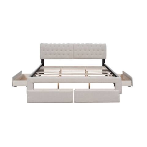 Beige King Size Upholstery Platform Bed with Four Drawers, 86.6''L, 78''W, 41.3''H, 147.5LBS