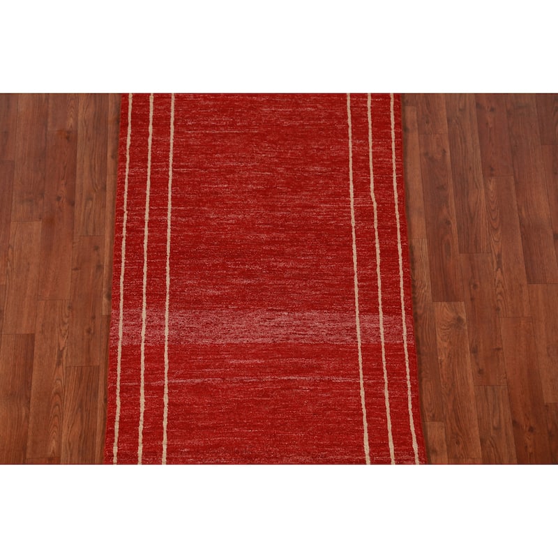 Red Gabbeh Kashkoli Oriental Runner Rug Hand-Knotted Wool Carpet - 2'7"x 10'2"