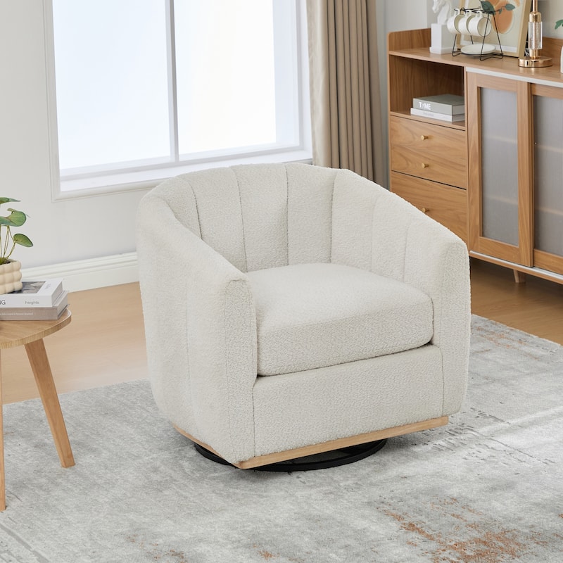 Chenille Upholstered Swivel Barrel Chair, Tufted Pumpkin-Shape Club Armchair, Lounge Reading Chair with Metal Base - Ivory