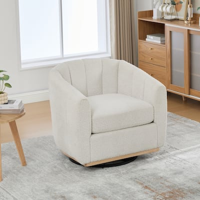 Chenille Upholstered Swivel Barrel Chair, Tufted Pumpkin-Shape Club Armchair, Lounge Reading Chair with Metal Base